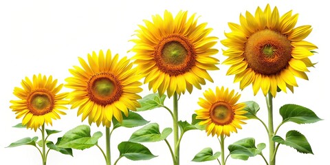 A group of sunflowers in different stages of growth, with some flowers blooming while others are still green, growth, outdoor