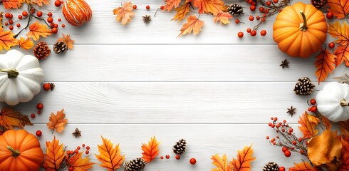 A beautiful autumn flat lay featuring pumpkins, colorful leaves, and vibrant berries on a white wooden background. The right side of the image showcases the seasonal decorations, with a cozy and festi