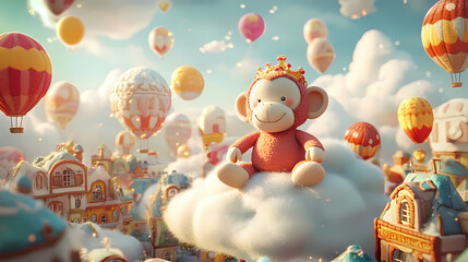 Soft monkey king toy sitting on a cloud surrounded by colorful wool felt balloons in a dreamy town. Dreamy Balloon Ride. Illustration