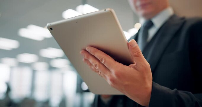 Hands, tablet and business person in office with typing in corridor, scroll and app with contact at company. Japanese employee, touchscreen and review for feedback with project at insurance agency
