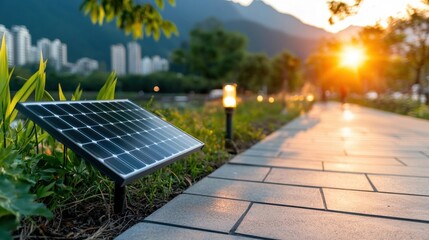 Scenic garden pathway with solar panel installed on the edge in a natural environment with trees and lush foliage  Sunset light glows on the solar panel highlighting the renewable energy concept