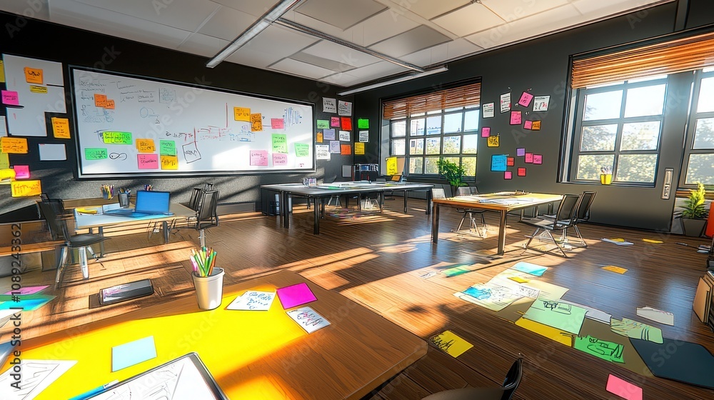 Poster a vibrant classroom filled with colorful notes and sketches, promoting creativity and collaboration.