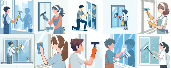 vector, a teenager, is cleaning windows with a simple and minimalist flat design style. white background