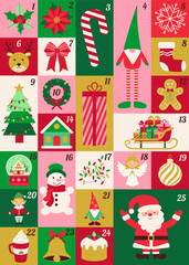 A colorful Christmas calendar with a variety of festive images, including a snowman, a gingerbread man, and a Santa Claus