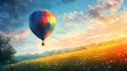 Fototapeta premium Hot air balloon ride over a spring meadow. Dreamy Balloon Ride. Illustration