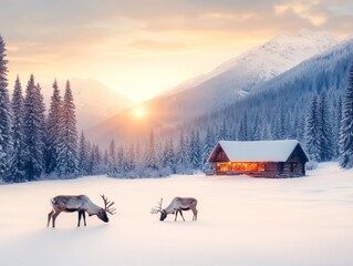 Reindeer grazing near a snowy cabin lights from within