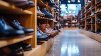 Obraz premium A shoe store aisle showcasing various styles of footwear on wooden shelves.
