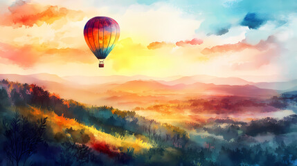 Obraz premium Hot air balloon ride over a lush valley, watercolor, vibrant sky at sunrise, peaceful. Dreamy Balloon Ride. Illustration
