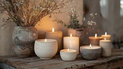 A collection handmade candles on a rustic wooden table, reflecting warmth and relaxation.