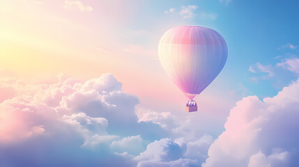 Obraz premium Dreamy gradient light envelops whimsical hot air balloon ride in soft pastel hues with billowy clouds and endless blue skies. Dreamy Balloon Ride. Illustration