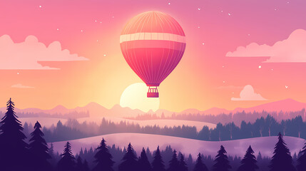 Obraz premium Colorful hot air balloon soaring above scenic landscape at sunrise. Dreamy Balloon Ride. Illustration