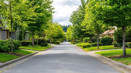 Fototapeta premium Pedestrian-friendly streetscape with clean sidewalks suburban neighborhood urban planning lush environment scenic viewpoint