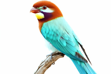 Fototapeta premium Vividly colored bird perched on a branch, isolated on white background. Perfect for nature, wildlife, or avian-themed projects.