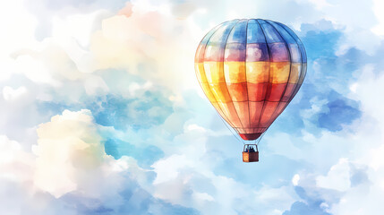 Fototapeta premium A watercolor illustration of a colorful hot air balloon flying in the sky. Dreamy Balloon Ride. Illustration