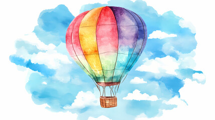 Fototapeta premium A watercolor illustration of a colorful hot air balloon flying in the sky. Dreamy Balloon Ride. Illustration