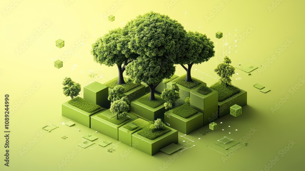 Poster a vibrant, abstract representation of trees and greenery on geometric blocks, symbolizing nature.