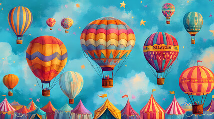 Fototapeta premium A colorful illustration of vibrant hot air balloons and whimsical tents against a dreamy blue background. Dreamy Balloon Ride. Illustration