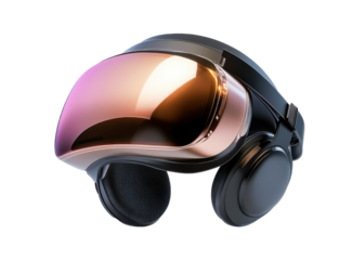 Futuristic virtual reality headset with reflective visor and headphones isolated on white