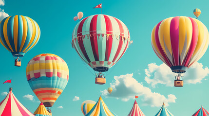 Fototapeta premium A colorful illustration of vibrant hot air balloons and whimsical tents against a dreamy blue background. Dreamy Balloon Ride. Illustration