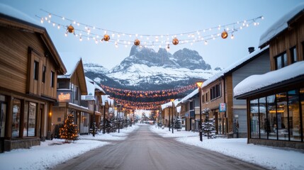 Obraz premium Scenic mountain village at Christmas with snow-covered rooftops lights in windows
