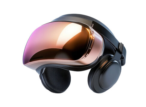 Futuristic virtual reality headset with reflective visor and headphones isolated on white