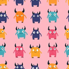 Obraz premium seamless background concept. A playful pattern featuring colorful, cute monsters on a pink background, perfect for children's designs.