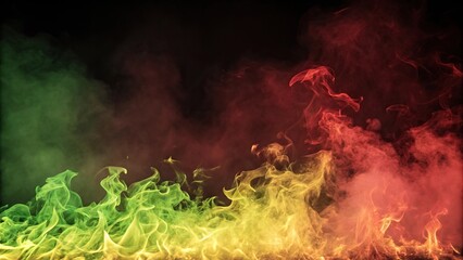 Abstract background with fluid bright green and yellow flames surrounded by red defocused mist, flames, swirling patterns, colorful fire, abstract background, mesmerizing visuals