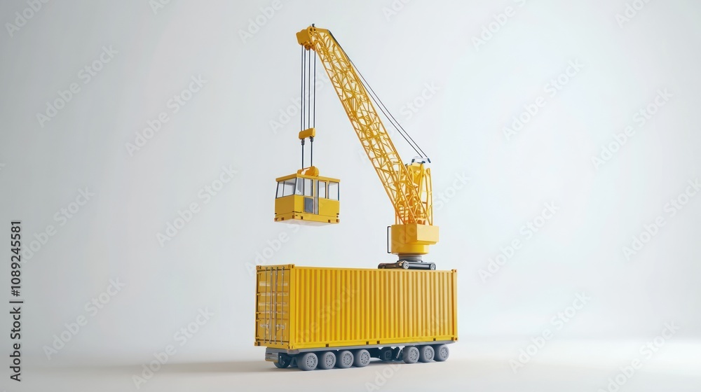 Poster a yellow crane model lifting a container, representing construction and logistics.