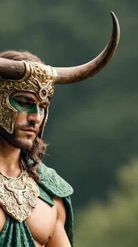 Muscular warrior embodying Taurus zodiac symbol with bull horns, intricate armor, and green cloak, standing in a forest setting with intense focus.