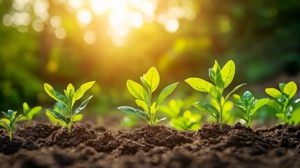 Young, Healthy Plants Growing in Freshly Dug Soil, Sunlit Garden Setting with Peaceful Ambiance