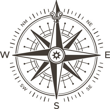 Wind rose showing north, south, east and west cardinal directions, including intermediate directions, helping sailors and navigators finding their way across oceans and lands