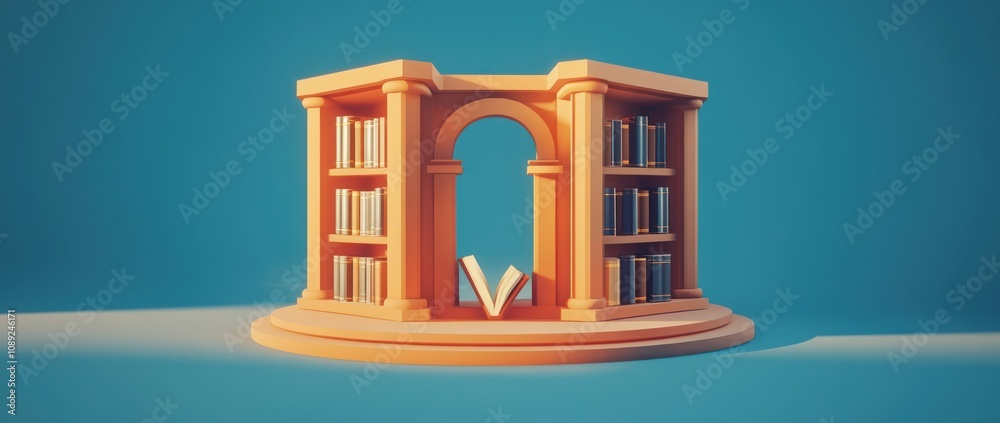Poster A stylized library structure with books and an arch, symbolizing knowledge and learning.