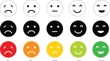 Smiley rating icon set. rating emojis set in different colors outline. Flat icon set of rating and feedback emojis icons color outline. emotion levels on scale different faces icon
