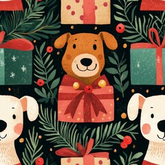 seamless background concept. A festive design featuring cheerful dogs in gift boxes surrounded by Christmas decorations and greenery, perfect for holiday themes.