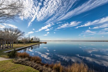 Obraz premium Azure sky with wispy clouds scattered across a serene lake Apopka scene, reflecting perfectly in the still waters of Winter Garden's picturesque surroundings, lake apopka, water, nature