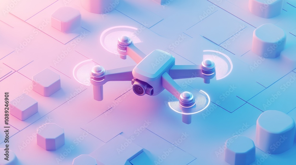Poster A futuristic drone hovering above a geometric landscape with glowing elements.