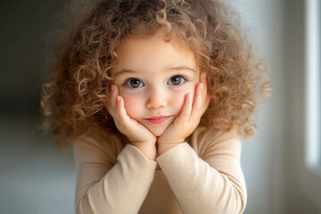 Naklejka premium adorable child with curly hair resting chin on hands