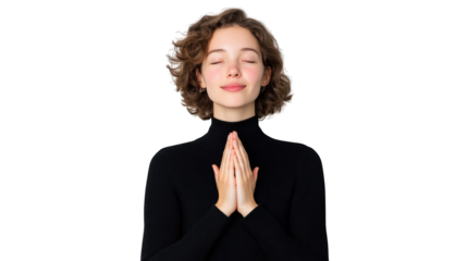A serene young woman with hands clasped, eyes closed in meditation. Transparent background.