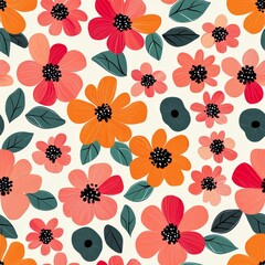 seamless background concept. A vibrant floral pattern featuring an array of colorful flowers and leaves on a light background, creating a cheerful and lively design.