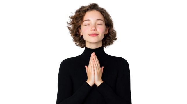 A serene young woman with hands clasped, eyes closed in meditation. Transparent background.