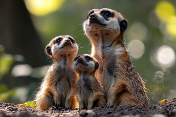 Fototapeta premium A stunning close-up of a meerkat showcasing its curious gaze and intricate fur details. Perfect for wall art, prints, or unique merchandise that celebrates nature’s charm.