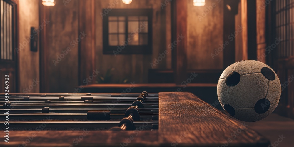 Poster a foosball table with a soccer ball in a rustic indoor setting.