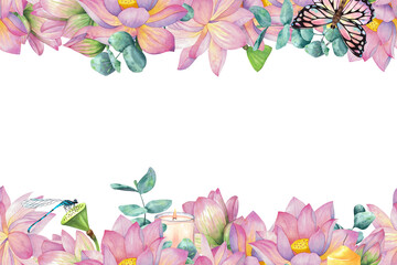 Pink lotuses, buds and flowers, eucalyptus branches, candles and insects. Seamless pattern, frame, banner. Watercolor illustration isolated on background. Blank For design, decor and printing