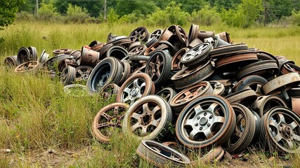 An overgrown field with a massive pile of rusty car wheels and other automotive components in the background, rusty car wheels, junkyard, abandoned cars