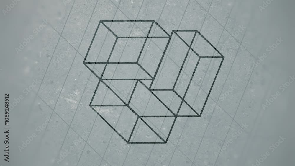 Poster Elegant digital seamless loop animation of dark, flat geometric shapes on a light gray background with a scratched texture. Rectangles transform smoothly, creating an optical illusion. 3d rendering 4K