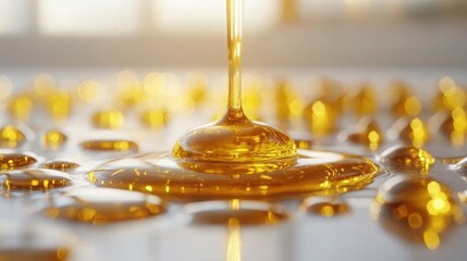 Golden liquid pouring, forming droplets and pools on a surface.