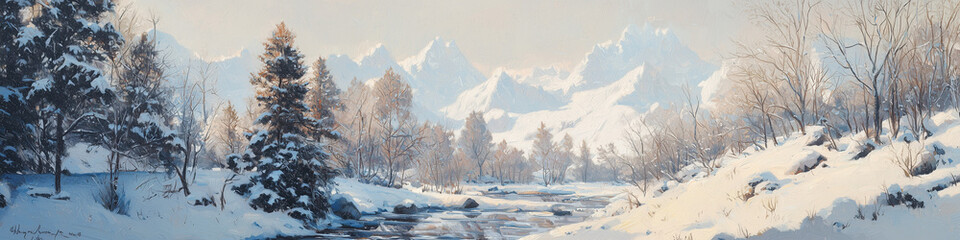 Obraz premium Snowy Mountain Landscape with River in Winter Scene 