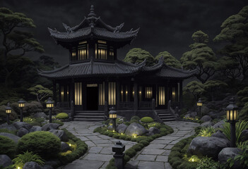 Fototapeta premium Ancient Grotto in a Chinese Garden at Night