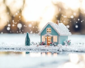 Snowy mountain chalet with Christmas decorations warm light glowing from within