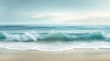 Fototapeta premium Turquoise waves gently meeting golden sand, forming soft foam patterns at the shoreline. Minimalist composition emphasizing the serene beauty of nature, captured under bright sunlight